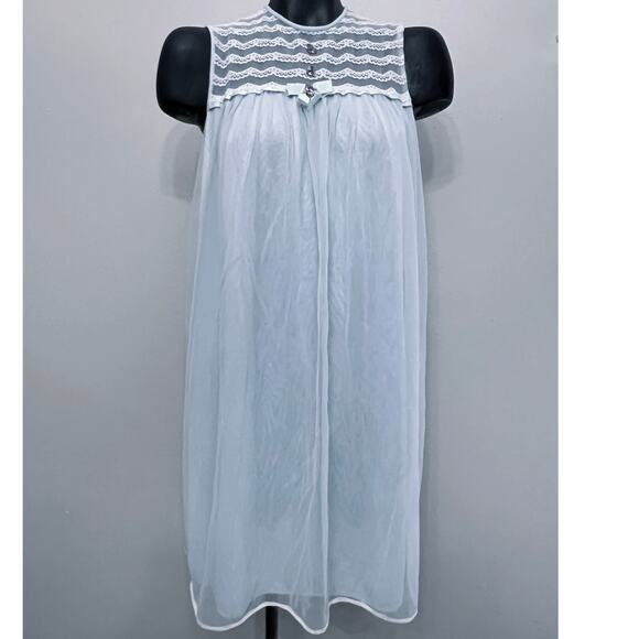 Vintage 60s & 70s Nightgown Sz S Light Blue Chiffon Nylon Sheer Layers Lace - Picture 1 of 4